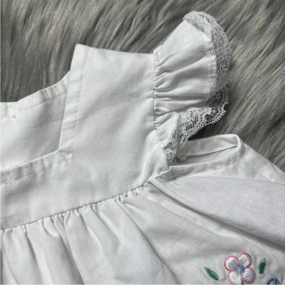 Vintage Baby Girls White Lace Ruffle Bow Floral Top